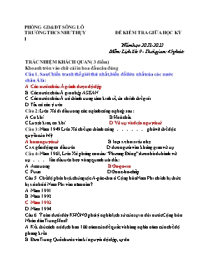 Đề kiểm tra giữa học kỳ 1 môn Lịch sử 9 - Năm học 2021-2022